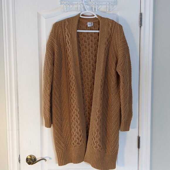 SIMONS braid knit textured knit camel brown open front long cardigan XS @M2 - Picture 12 of 12
